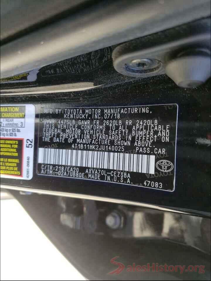 4T1B11HK2JU140025 2018 TOYOTA CAMRY