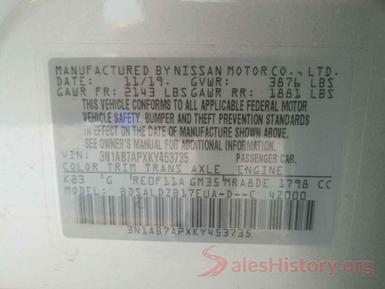 3N1AB7APXKY453735 2019 NISSAN SENTRA