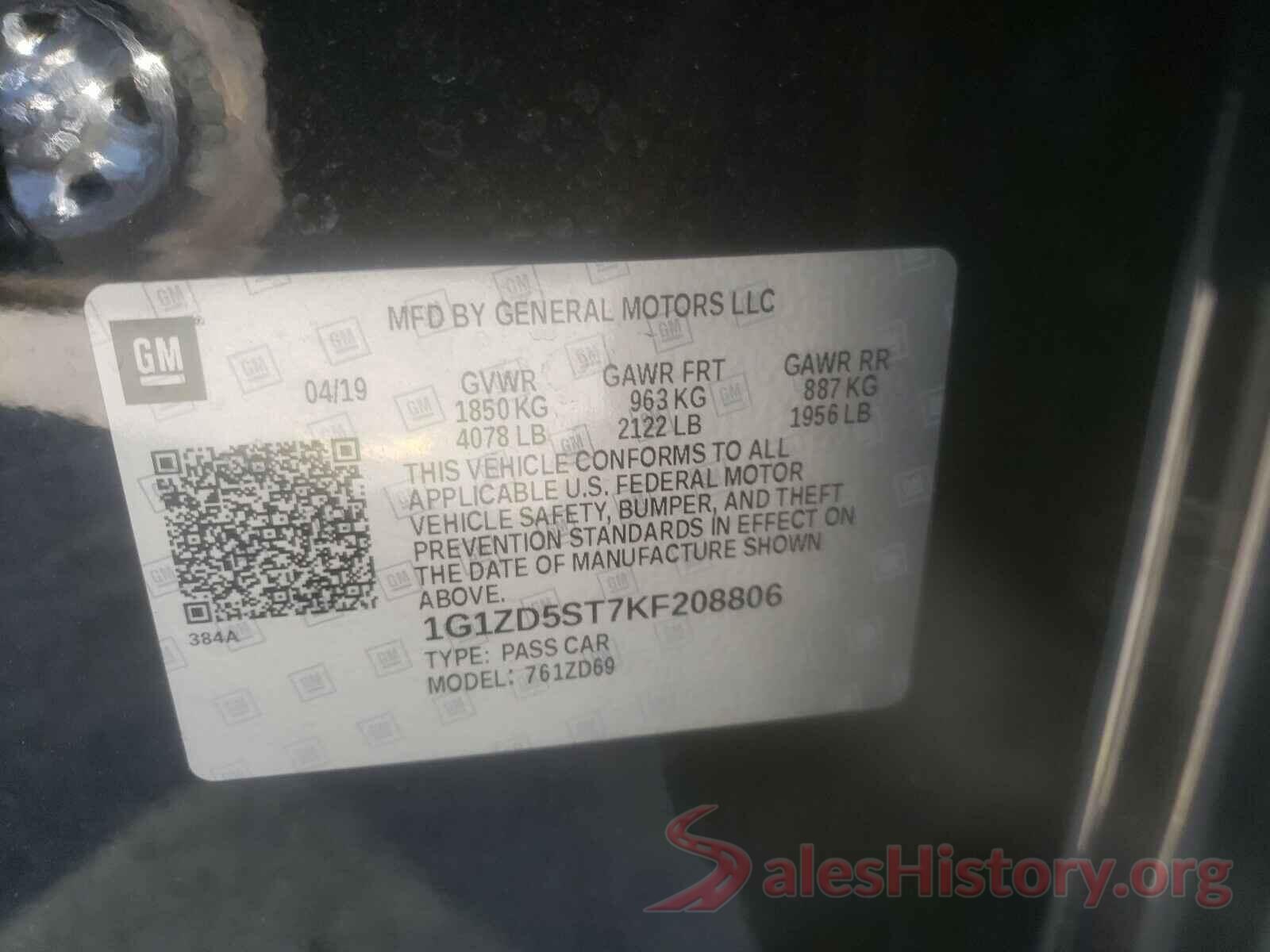 1G1ZD5ST7KF208806 2019 CHEVROLET MALIBU