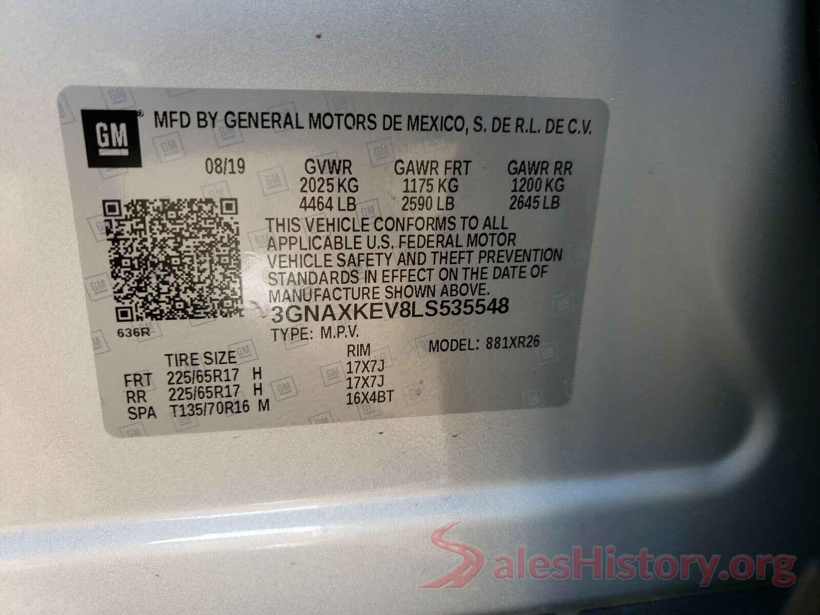 3GNAXKEV8LS535548 2020 CHEVROLET EQUINOX