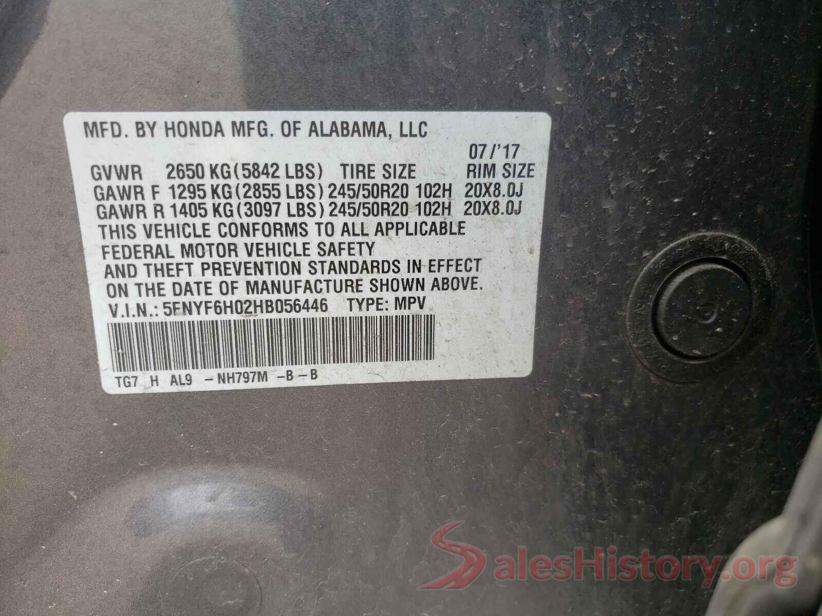 5FNYF6H02HB056446 2017 HONDA PILOT