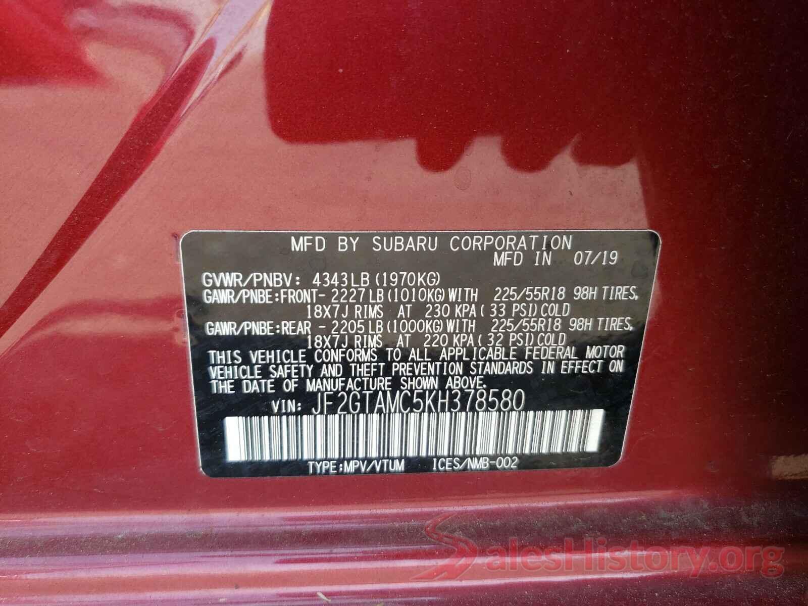 JF2GTAMC5KH378580 2019 SUBARU CROSSTREK