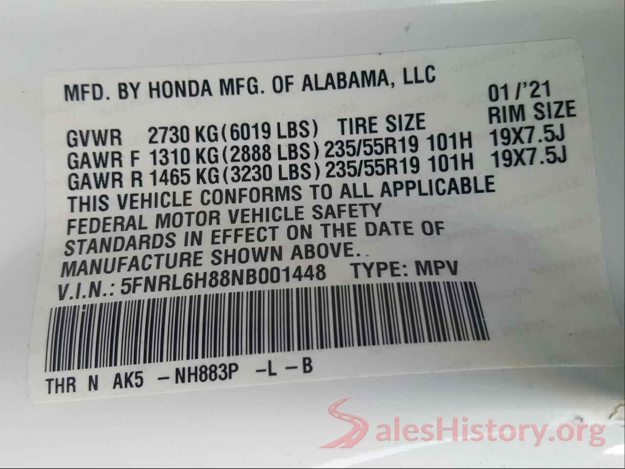 5FNRL6H88NB001448 2022 HONDA ODYSSEY