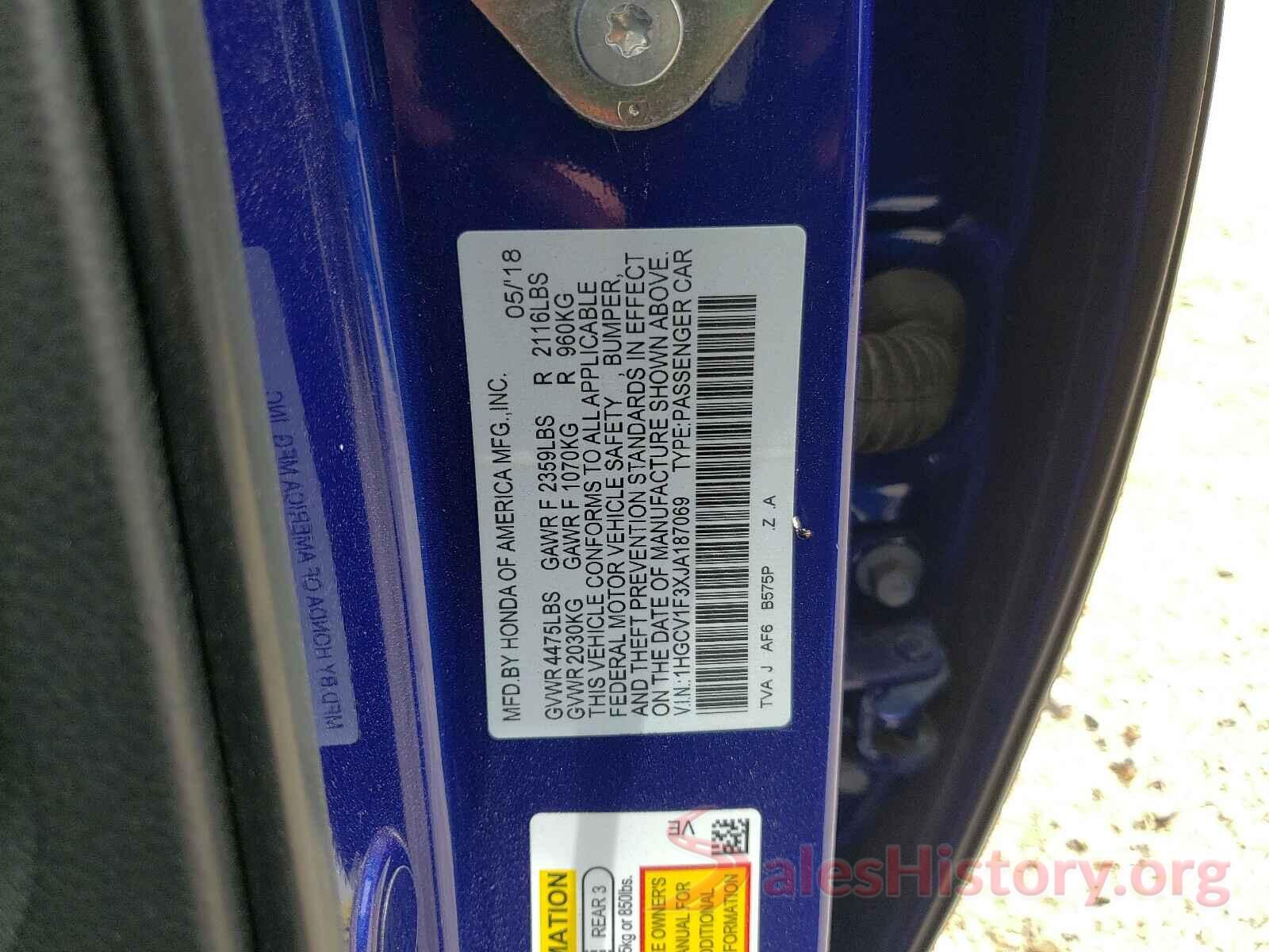 1HGCV1F3XJA187069 2018 HONDA ACCORD