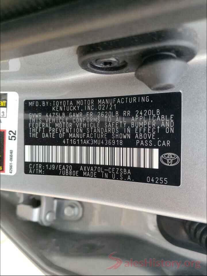 4T1G11AK3MU436918 2021 TOYOTA CAMRY