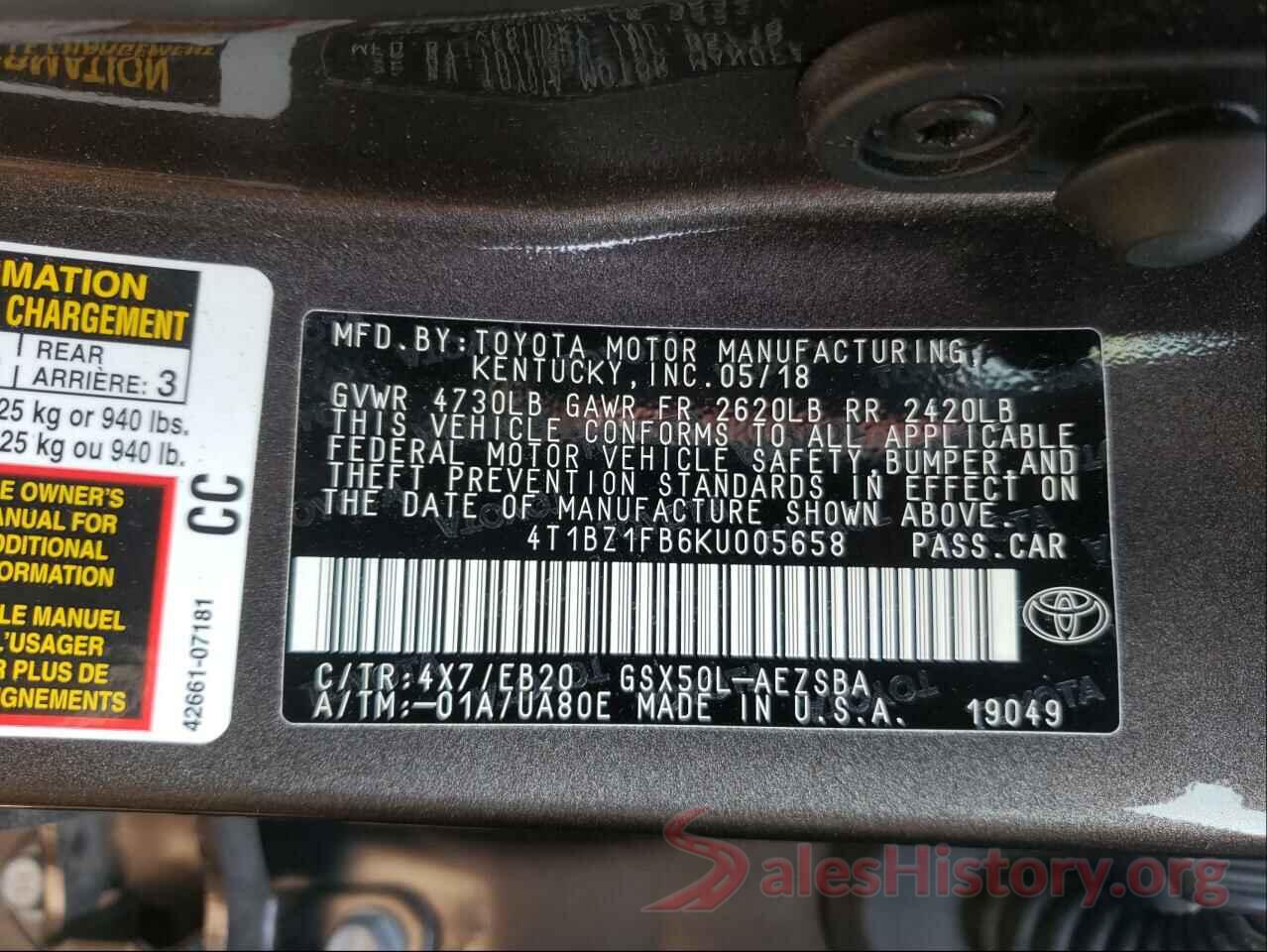 4T1BZ1FB6KU005658 2019 TOYOTA AVALON