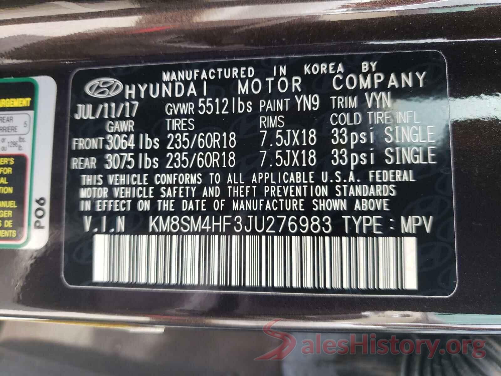 KM8SM4HF3JU276983 2018 HYUNDAI SANTA FE