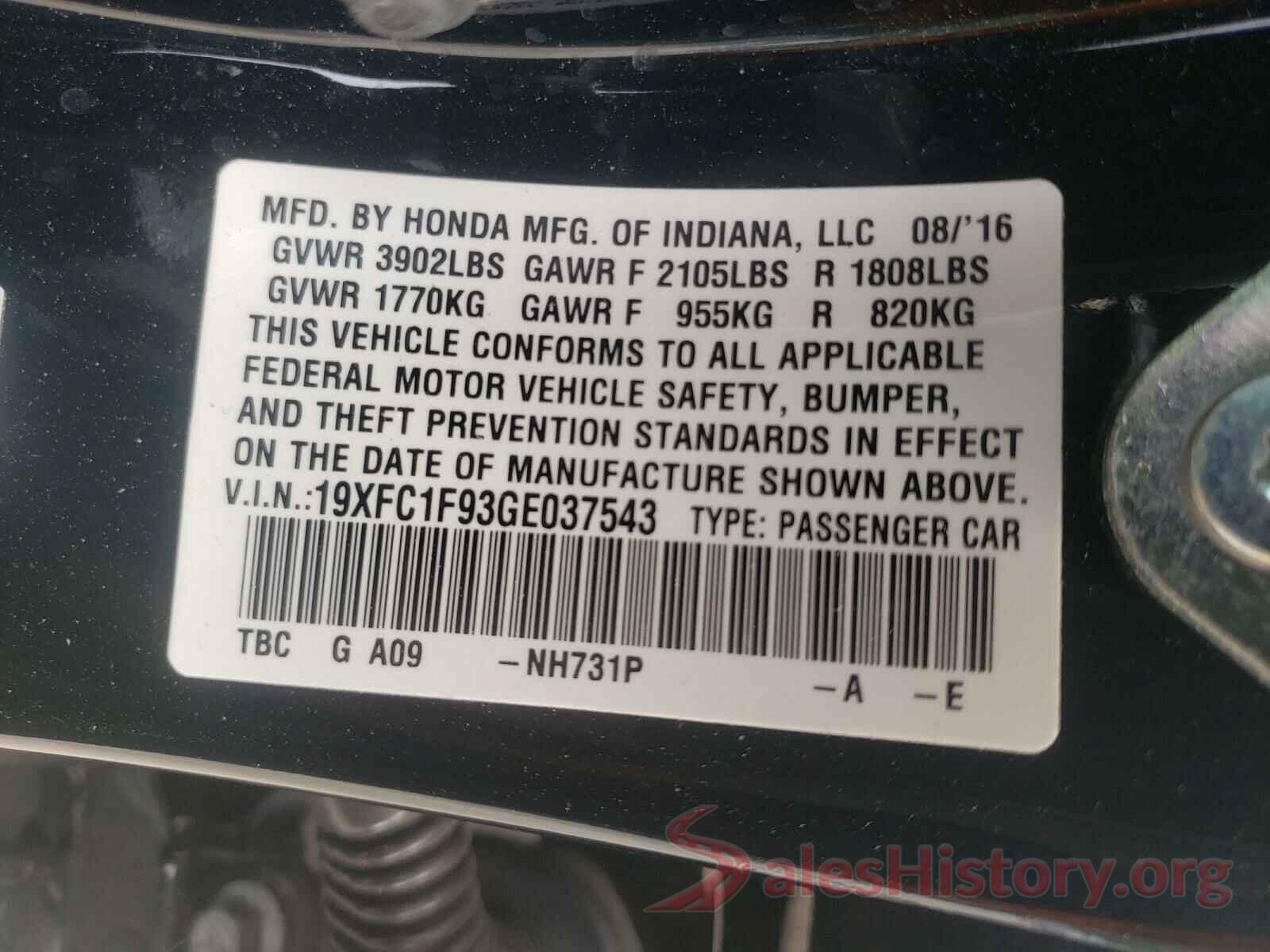 19XFC1F93GE037543 2016 HONDA CIVIC