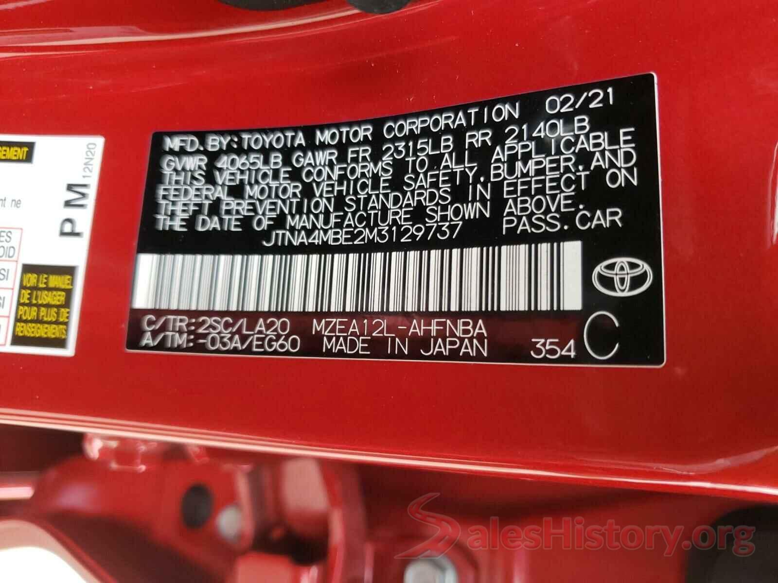 JTNA4MBE2M3129737 2021 TOYOTA COROLLA