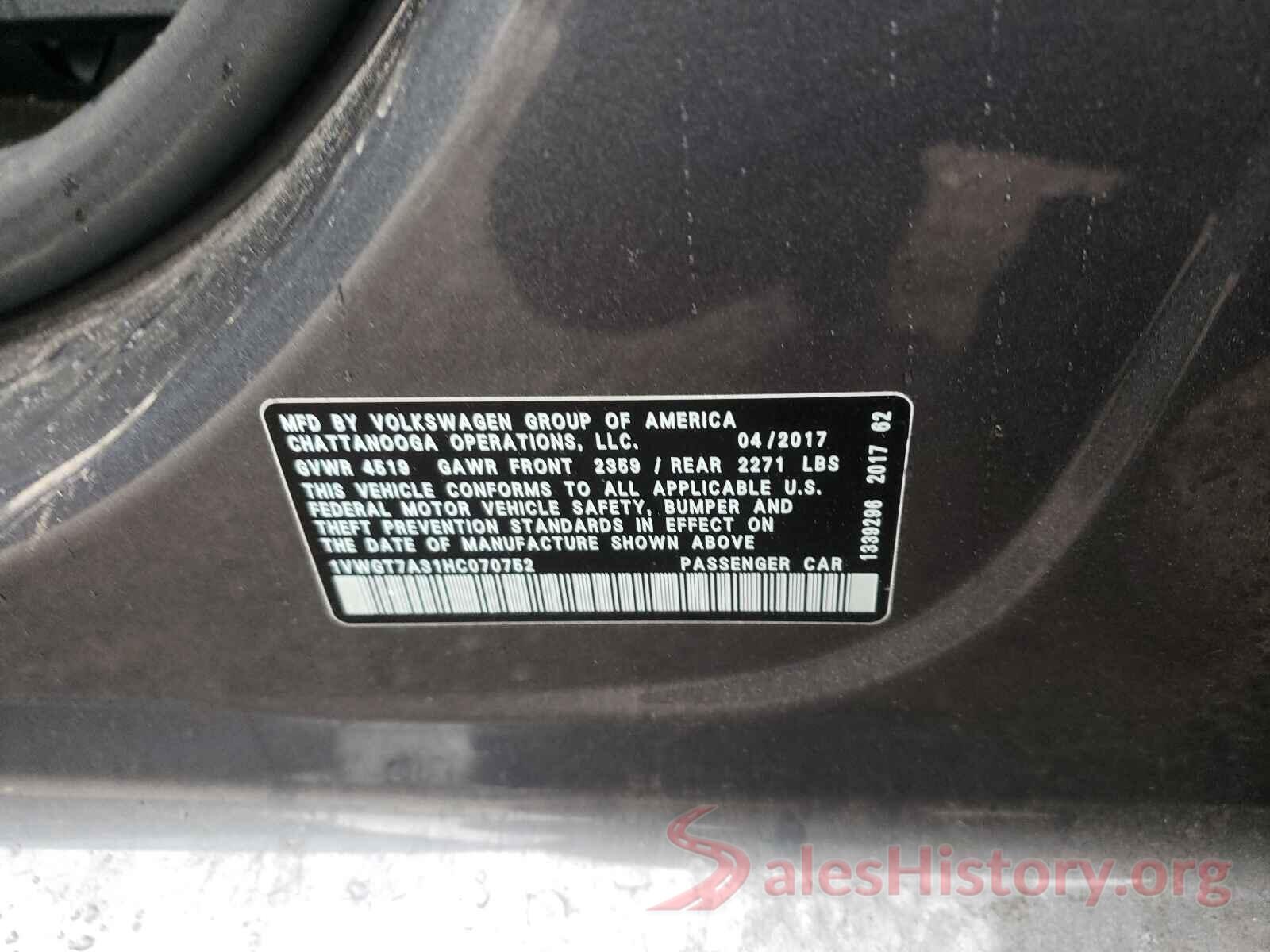 1VWGT7A31HC070752 2017 VOLKSWAGEN PASSAT