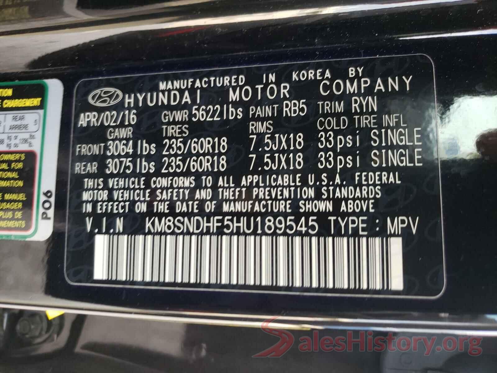 KM8SNDHF5HU189545 2017 HYUNDAI SANTA FE