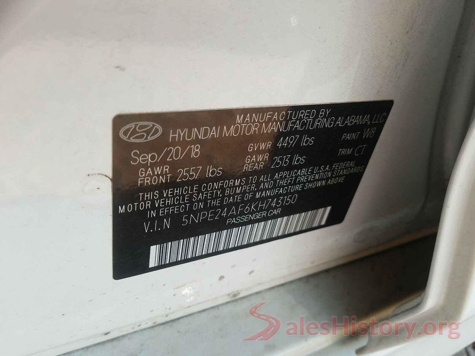 5NPE24AF6KH743150 2019 HYUNDAI SONATA