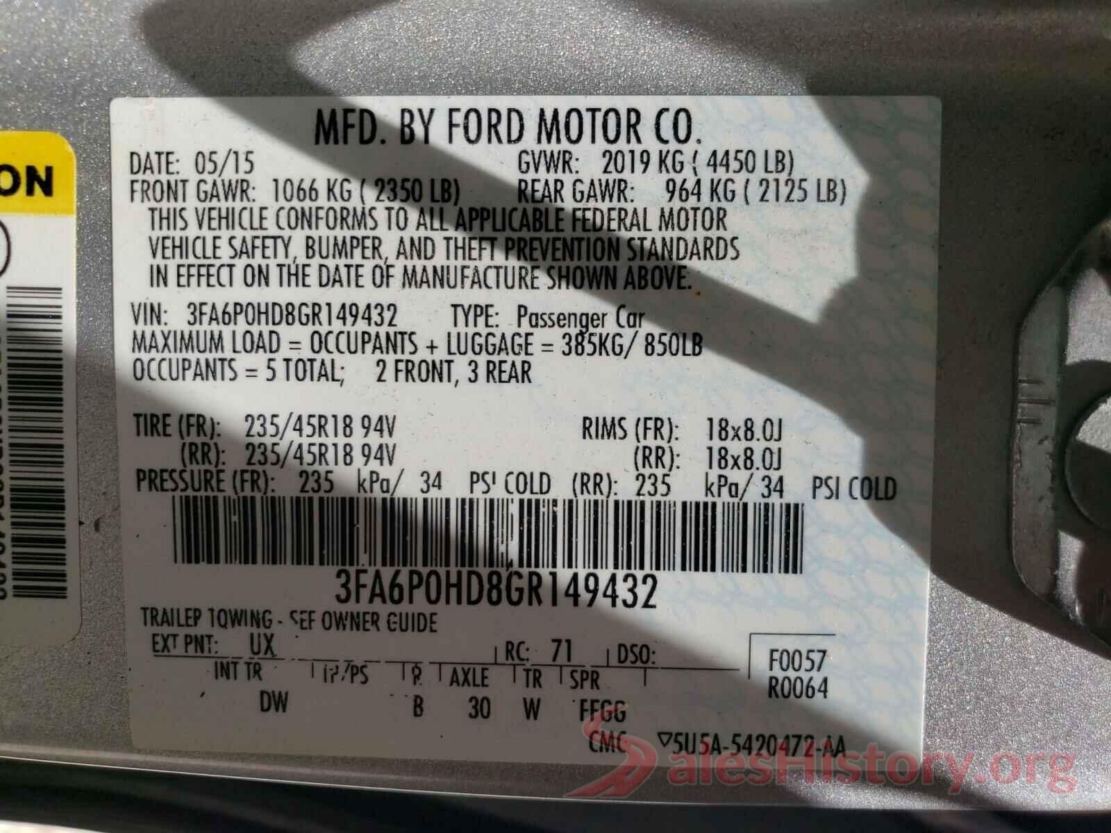 3FA6P0HD8GR149432 2016 FORD FUSION