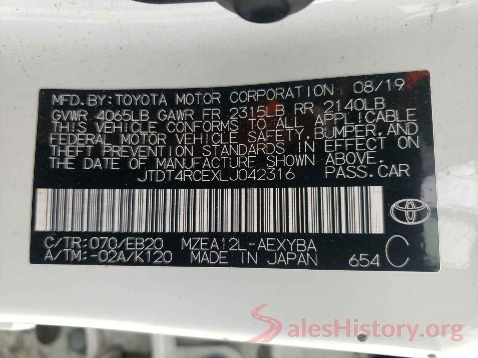 JTDT4RCEXLJ042316 2020 TOYOTA COROLLA