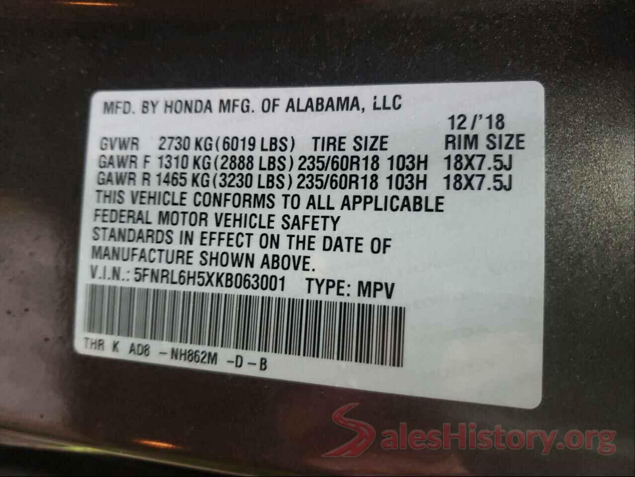 5FNRL6H5XKB063001 2019 HONDA ODYSSEY