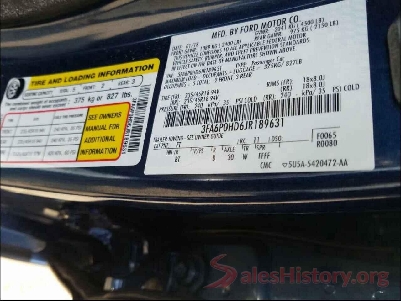 3FA6P0HD6JR189631 2018 FORD FUSION