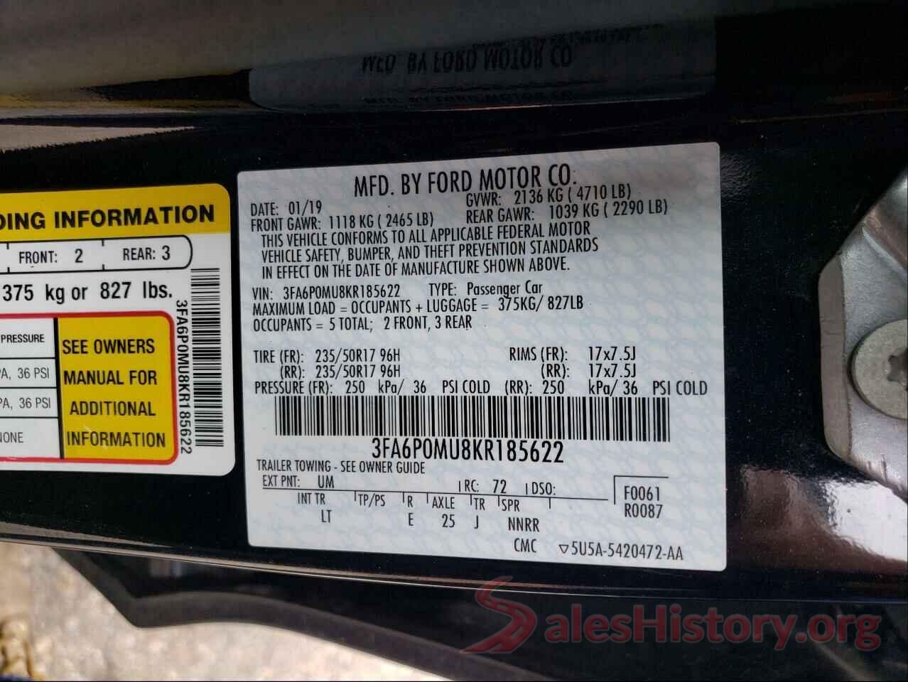 3FA6P0MU8KR185622 2019 FORD FUSION