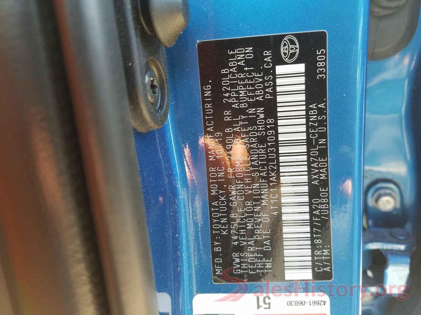 4T1C11AK2LU310918 2020 TOYOTA CAMRY