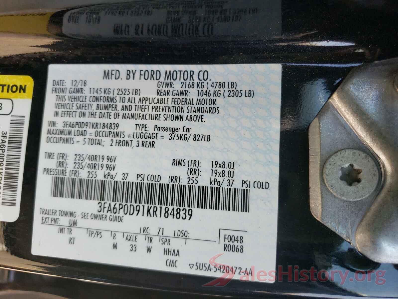 3FA6P0D91KR184839 2019 FORD FUSION