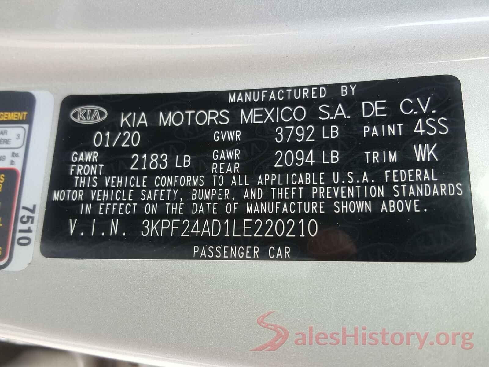 3KPF24AD1LE220210 2020 KIA FORTE