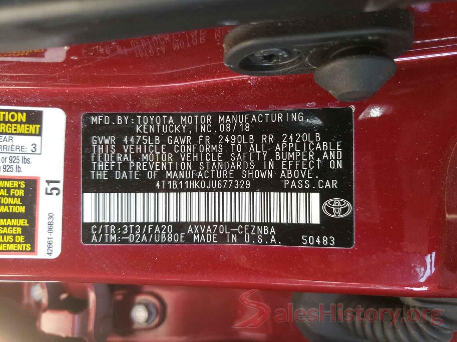 4T1B11HK0JU677329 2018 TOYOTA CAMRY