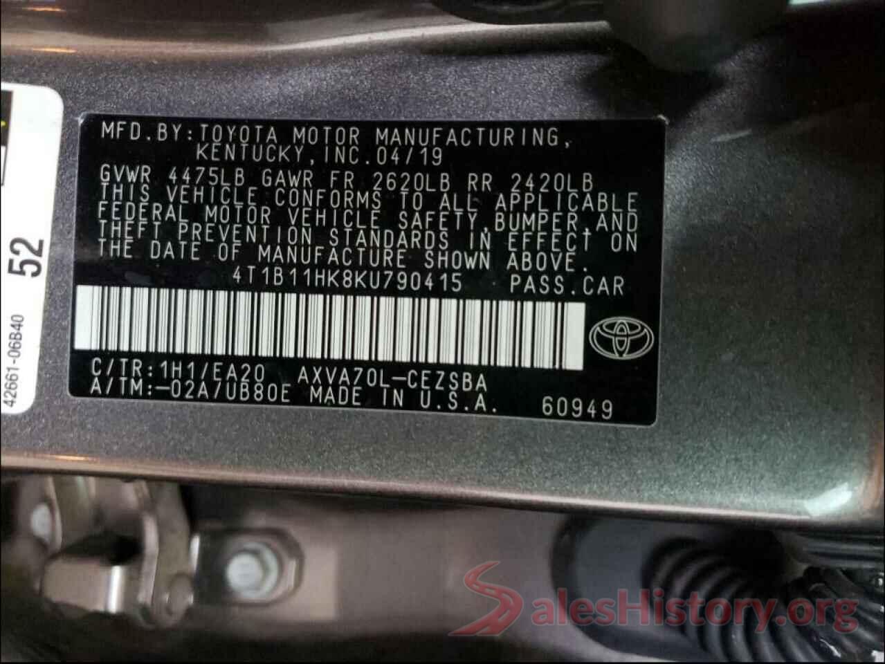 4T1B11HK8KU790415 2019 TOYOTA CAMRY