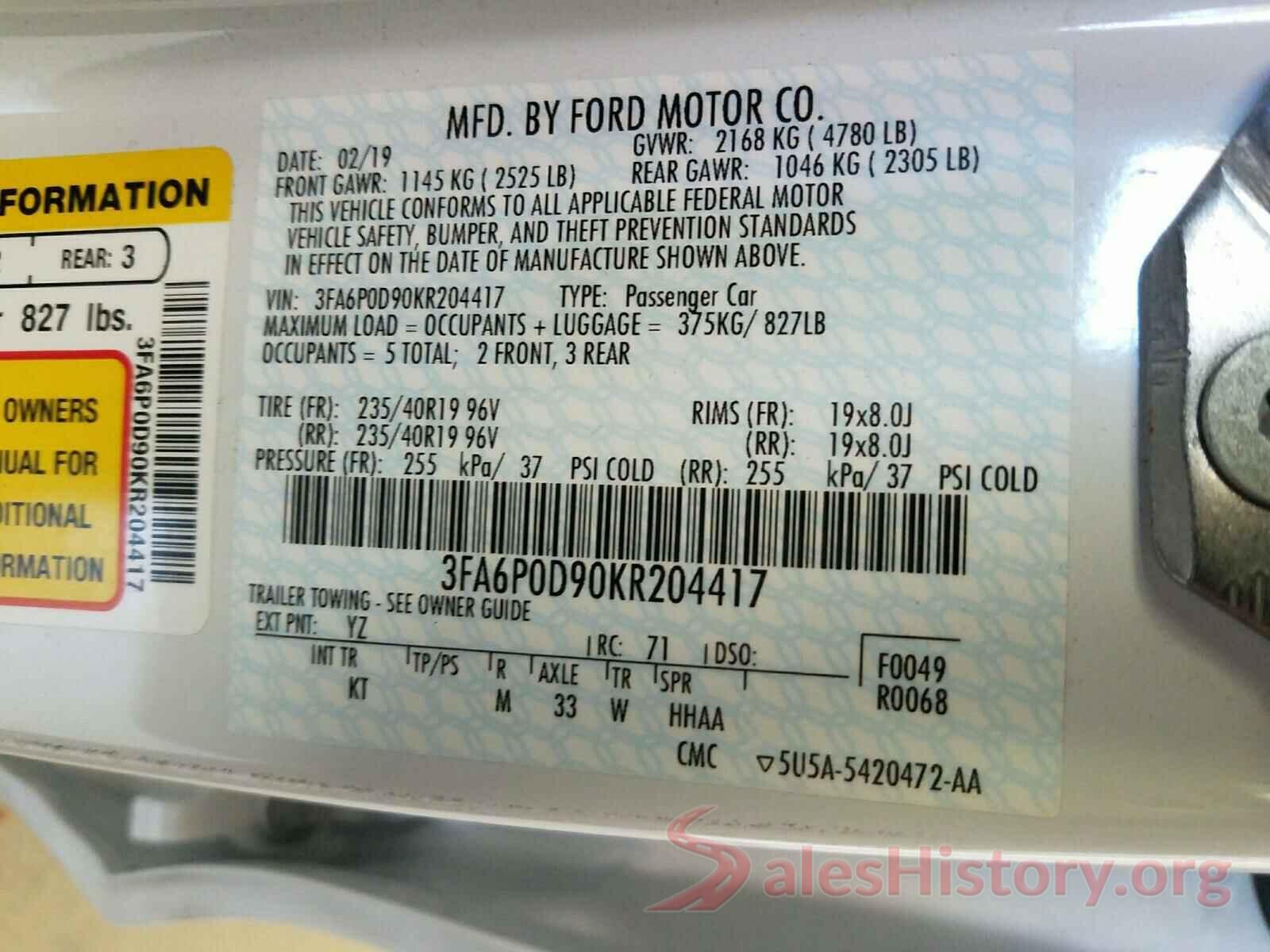 3FA6P0D90KR204417 2019 FORD FUSION