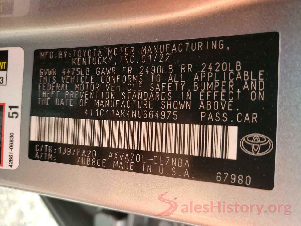 4T1C11AK4NU664975 2022 TOYOTA CAMRY