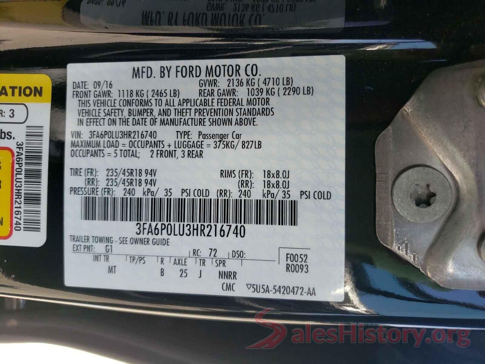 3FA6P0LU3HR216740 2017 FORD FUSION