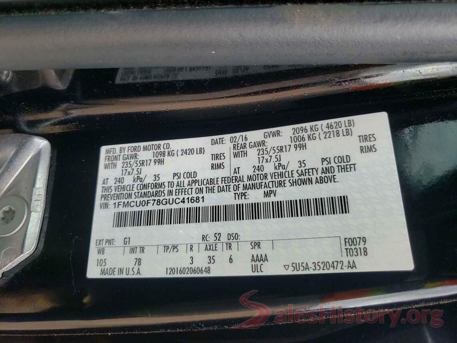 1FMCU0F78GUC41681 2016 FORD ESCAPE