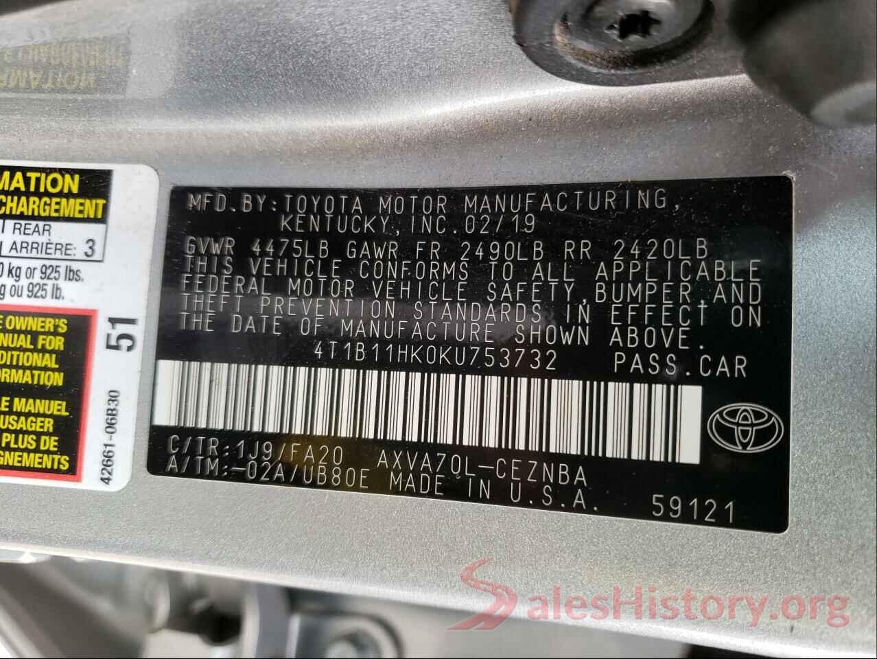 4T1B11HK0KU753732 2019 TOYOTA CAMRY