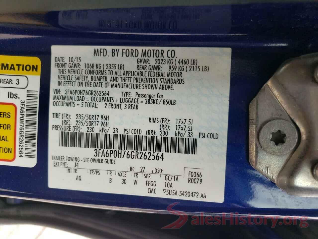 3FA6P0H76GR262564 2016 FORD FUSION