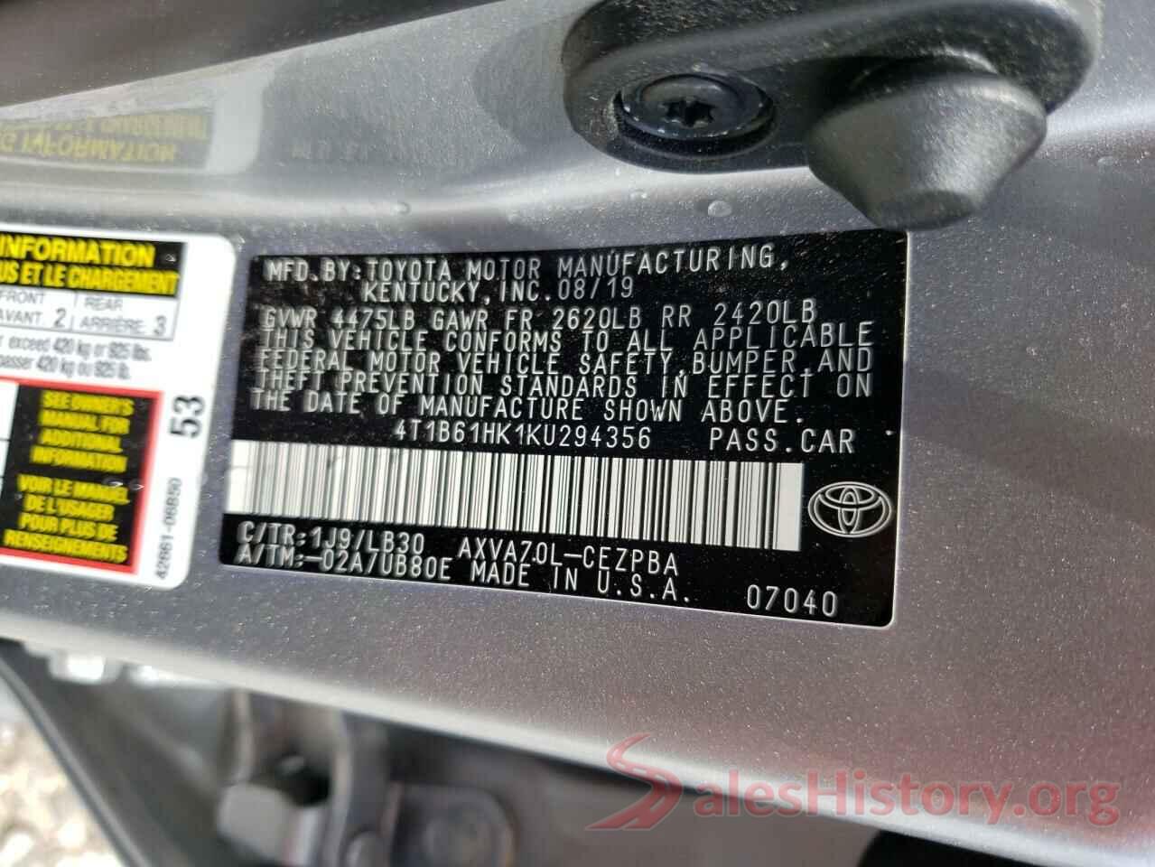 4T1B61HK1KU294356 2019 TOYOTA CAMRY