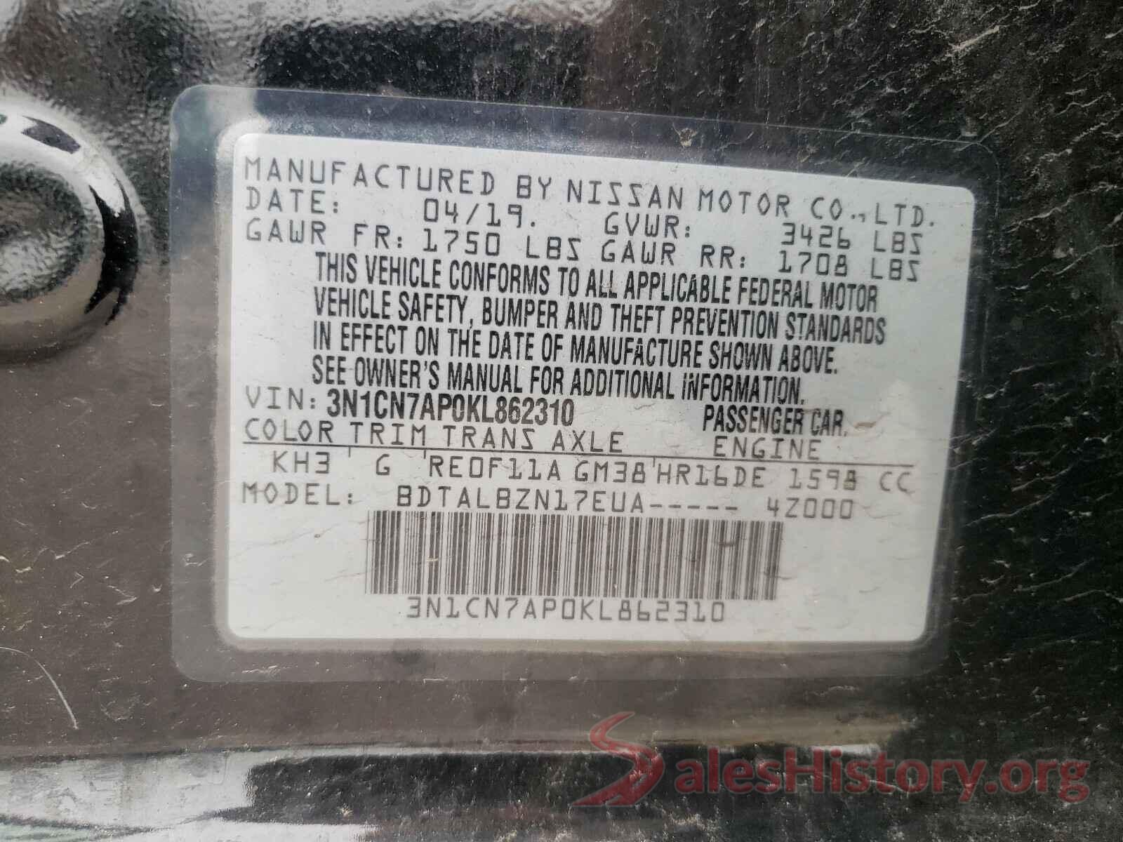 3N1CN7AP0KL862310 2019 NISSAN VERSA