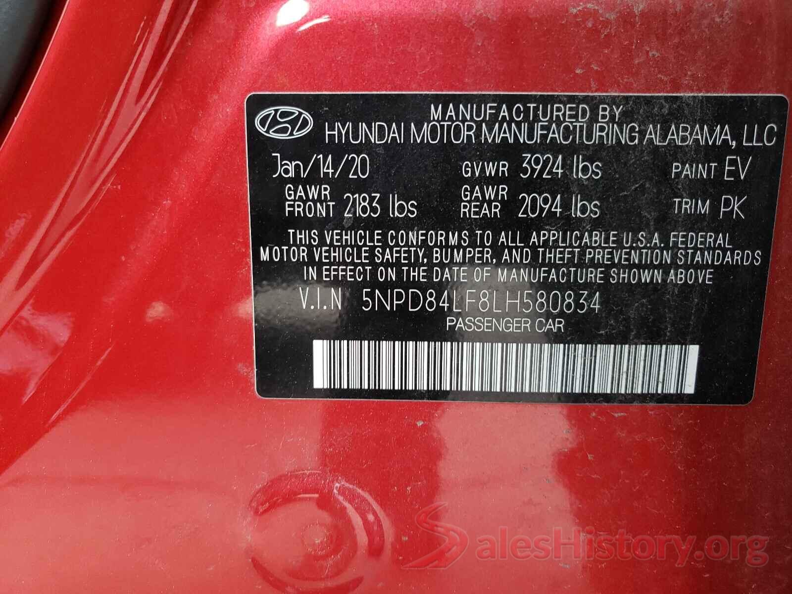 5NPD84LF8LH580834 2020 HYUNDAI ELANTRA