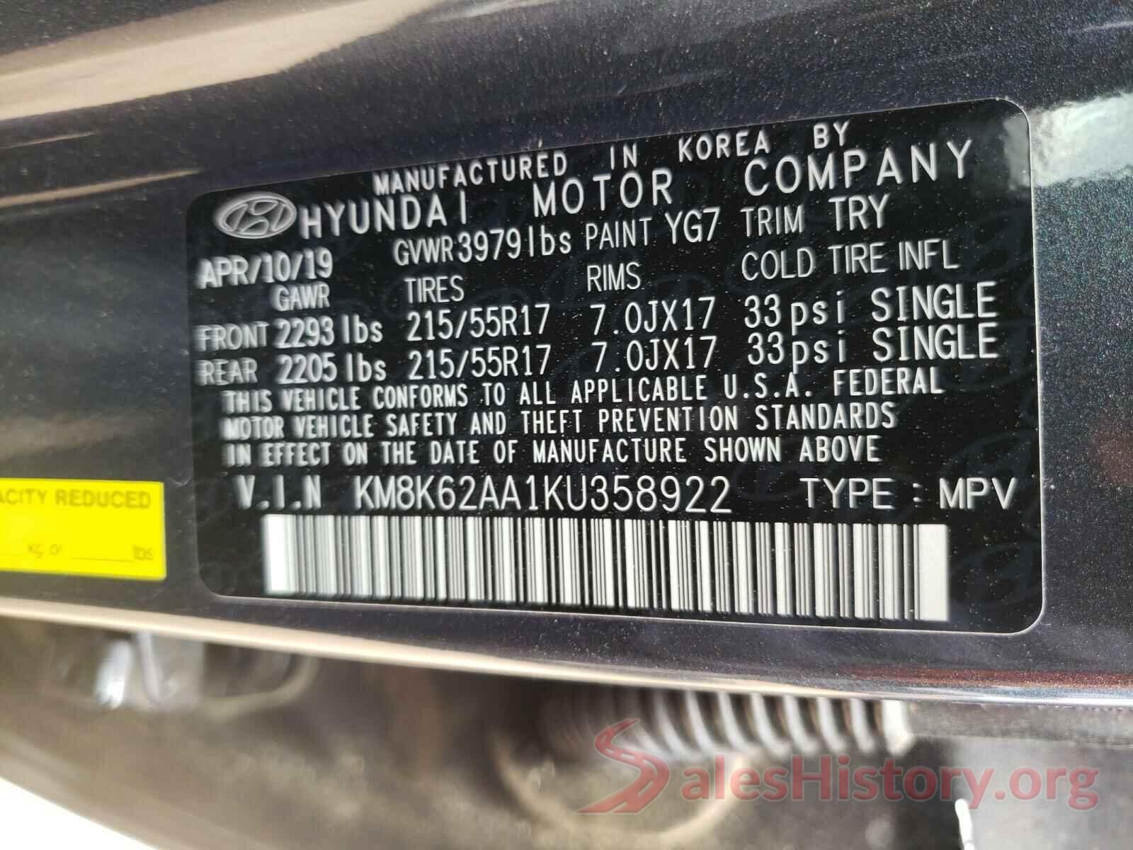 KM8K62AA1KU358922 2019 HYUNDAI KONA