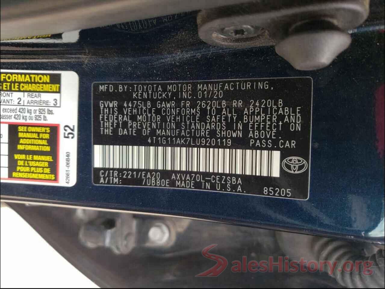 4T1G11AK7LU920119 2020 TOYOTA CAMRY