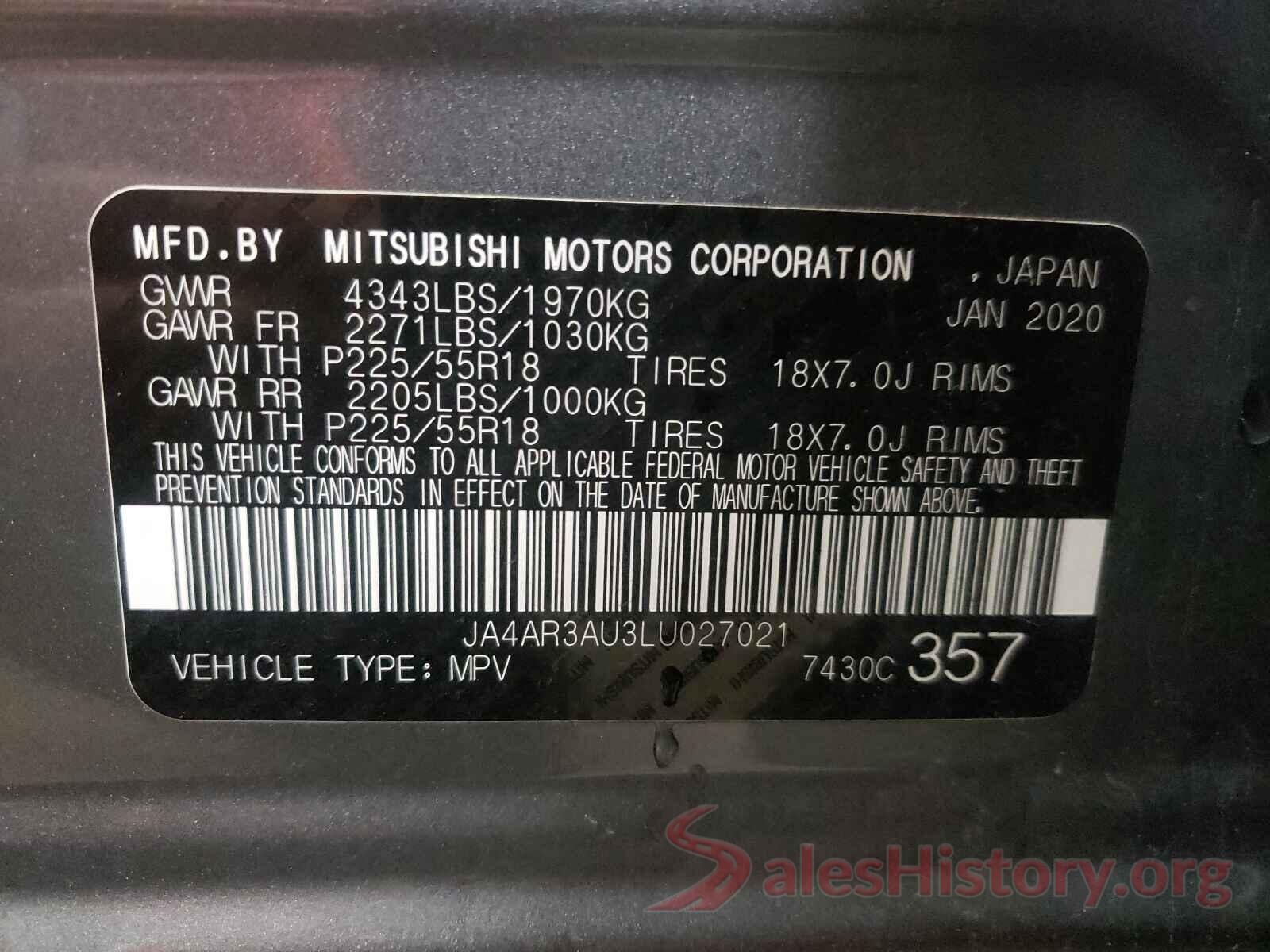 JA4AR3AU3LU027021 2020 MITSUBISHI OUTLANDER