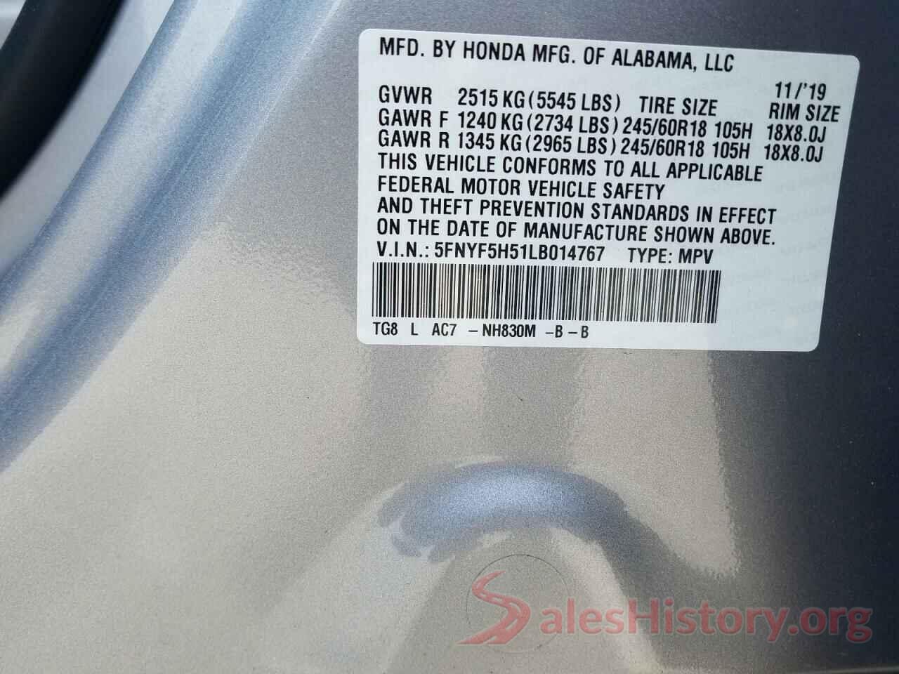 5FNYF5H51LB014767 2020 HONDA PILOT