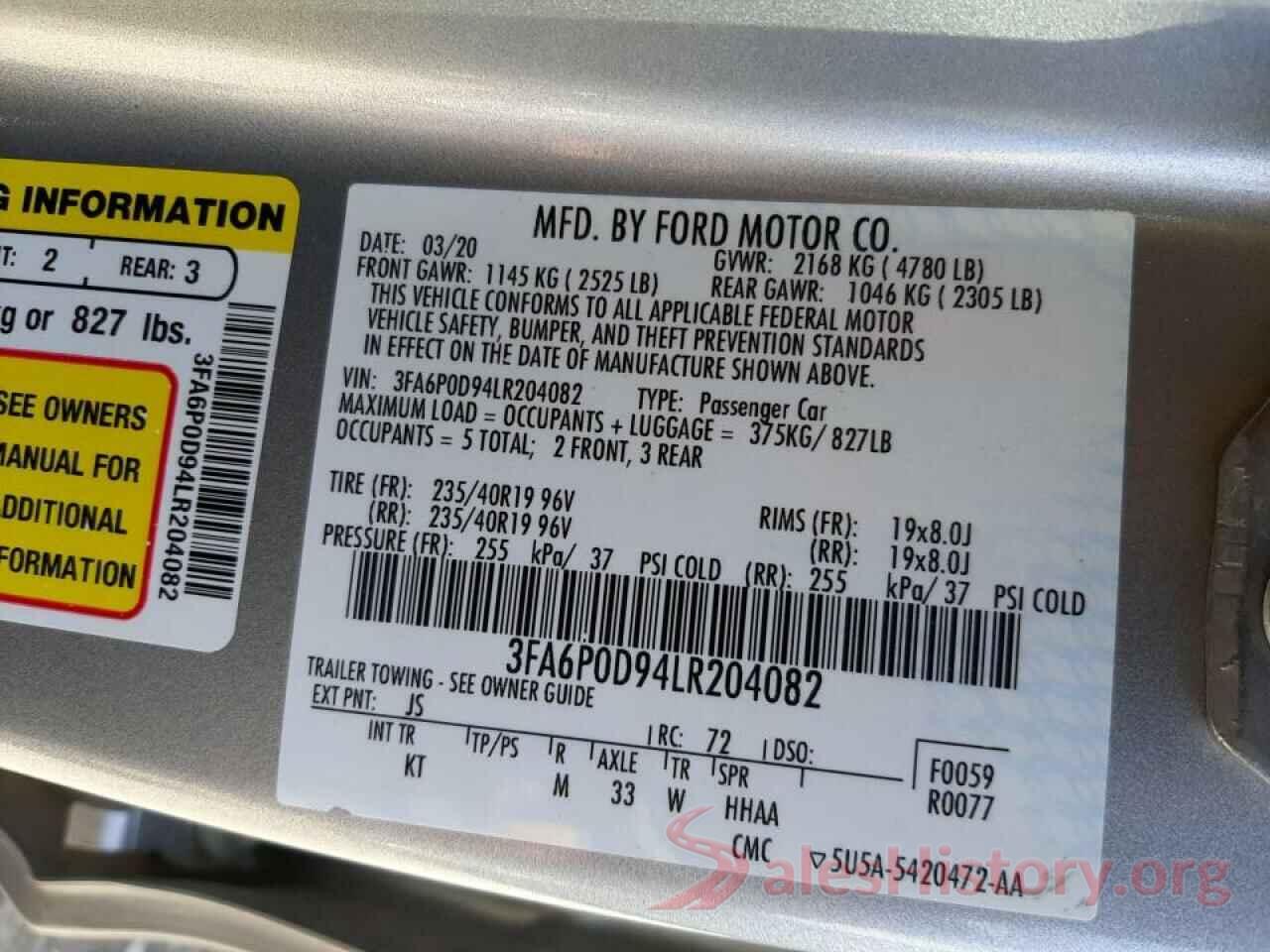 3FA6P0D94LR204082 2020 FORD FUSION