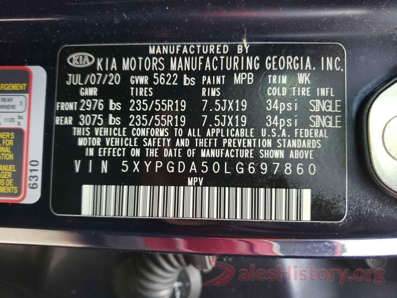 5XYPGDA50LG697860 2020 KIA SORENTO