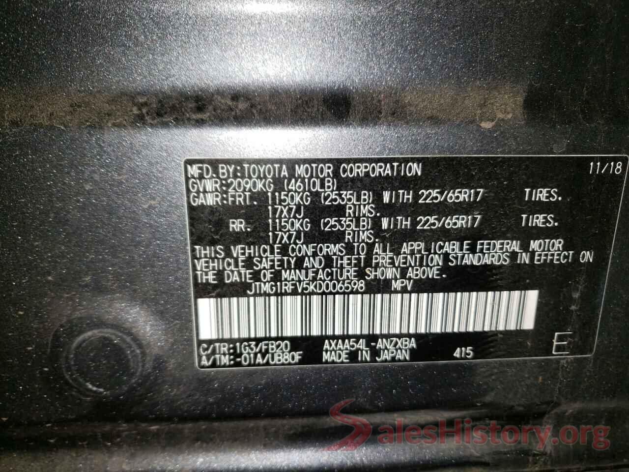 JTMG1RFV5KD006598 2019 TOYOTA RAV4