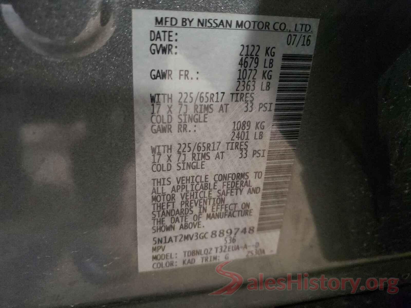 5N1AT2MV3GC889748 2016 NISSAN ROGUE