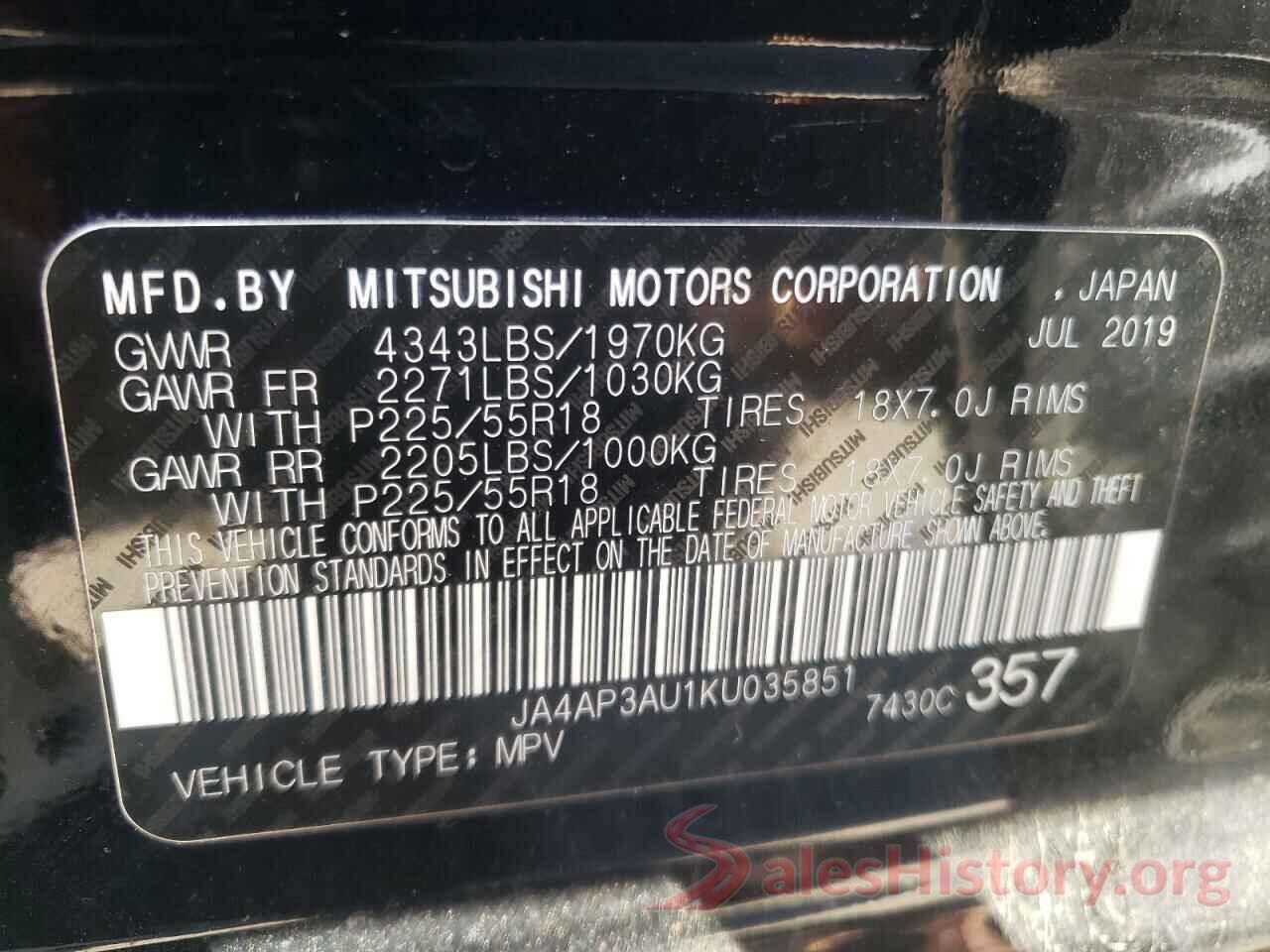 JA4AP3AU1KU035851 2019 MITSUBISHI OUTLANDER