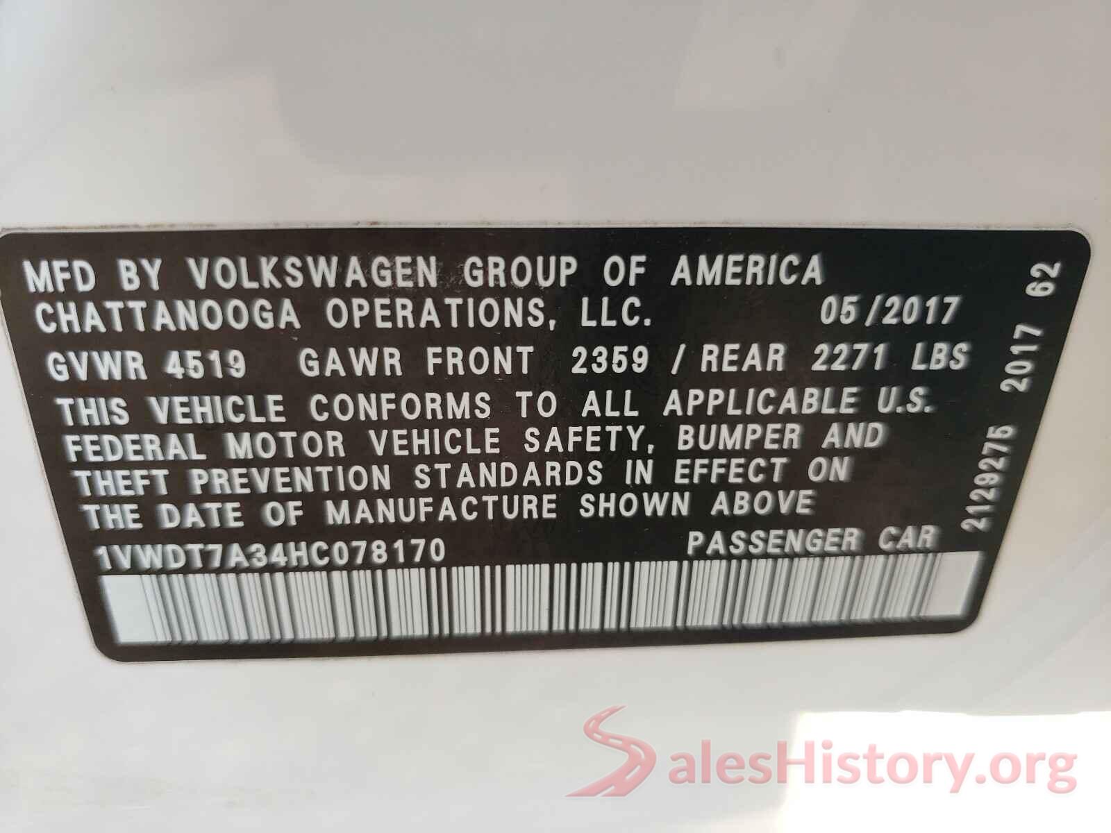 1VWDT7A34HC078170 2017 VOLKSWAGEN PASSAT