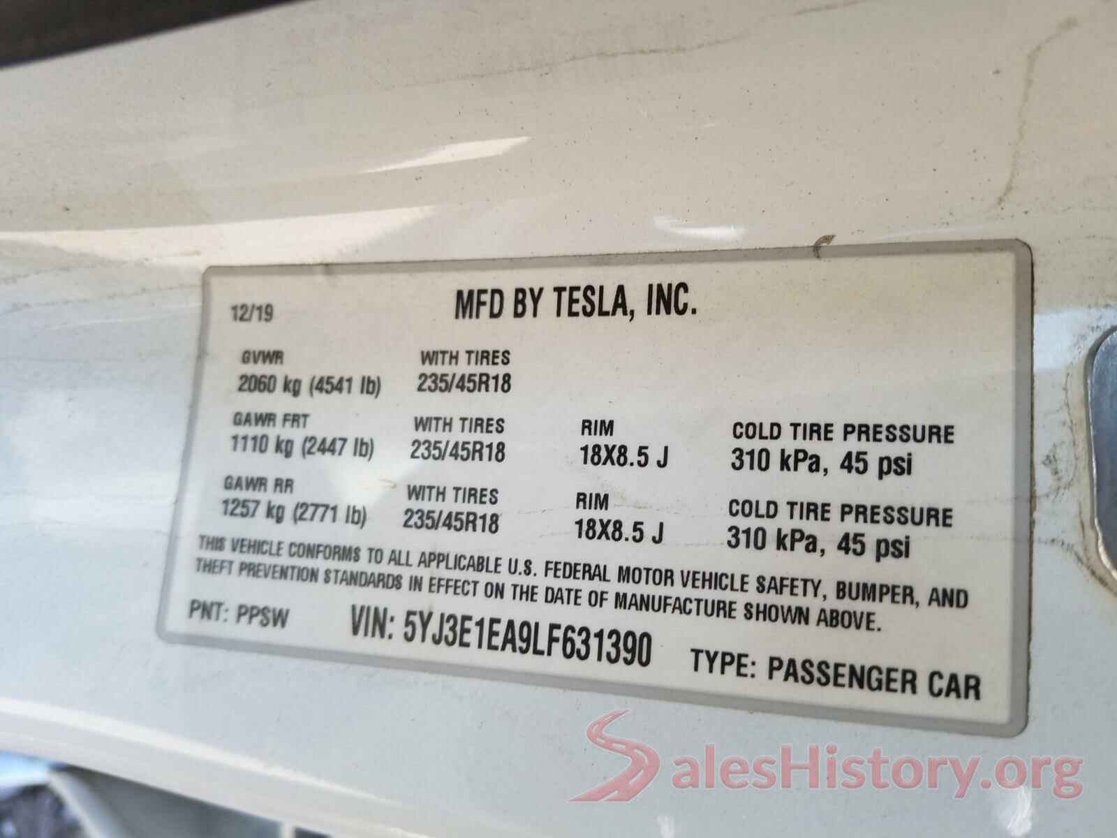 5YJ3E1EA9LF631390 2020 TESLA MODEL 3