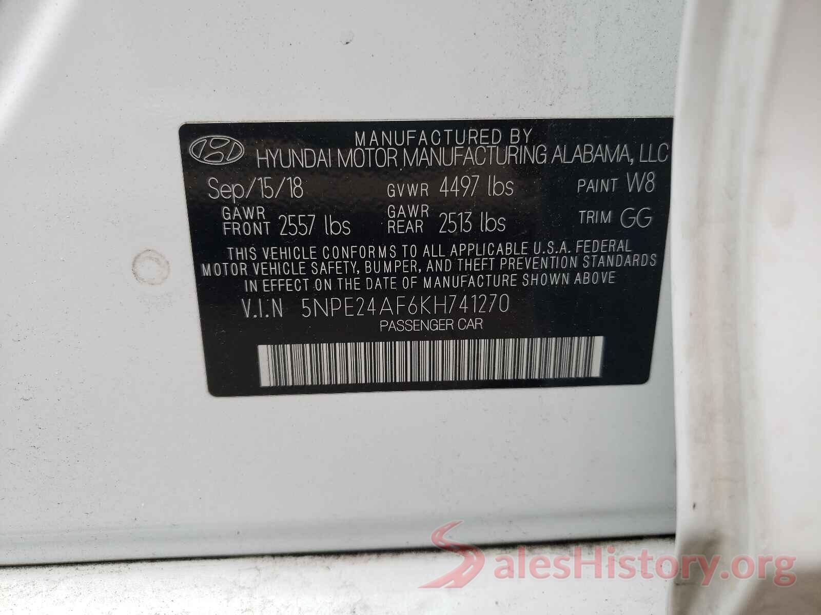 5NPE24AF6KH741270 2019 HYUNDAI SONATA