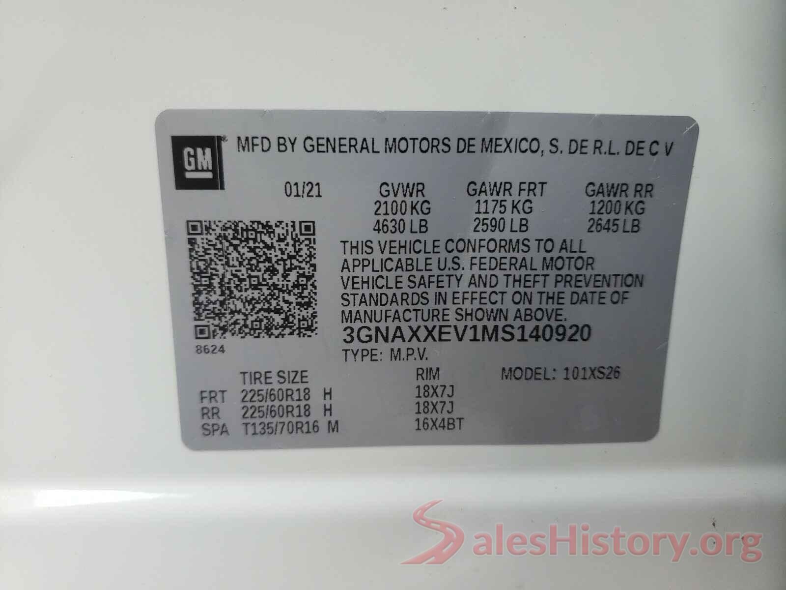 3GNAXXEV1MS140920 2021 CHEVROLET EQUINOX