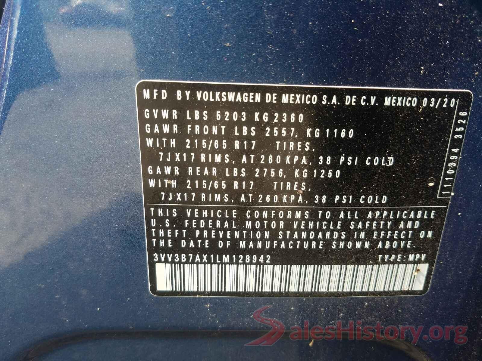 3VV3B7AX1LM128942 2020 VOLKSWAGEN TIGUAN