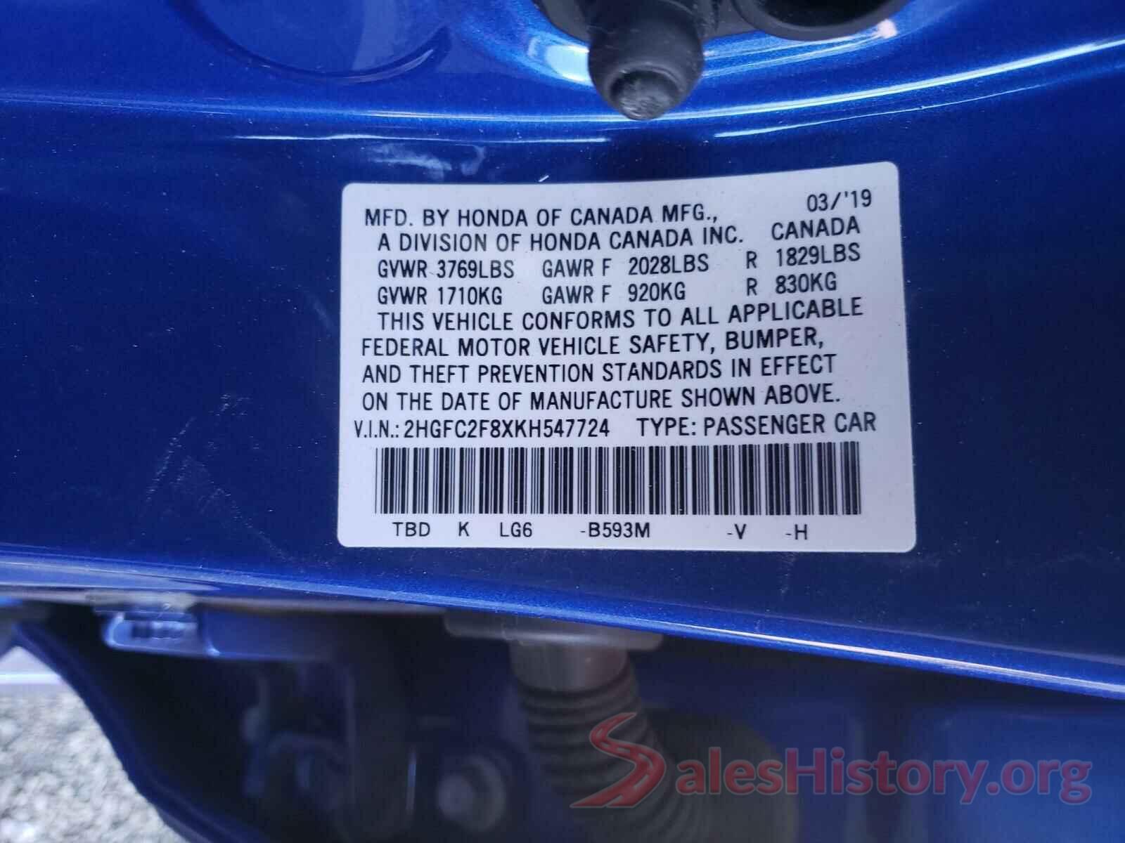 2HGFC2F8XKH547724 2019 HONDA CIVIC